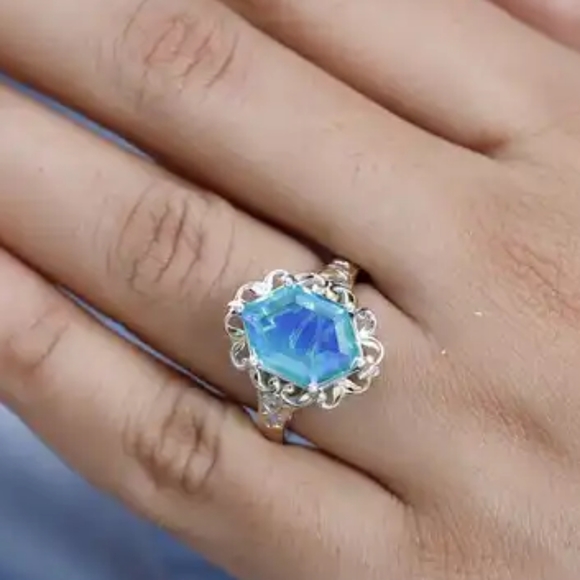 Peacock Quartz Hexagon Ring in Vermeil YG and Platinum Over Sterling Silver - Picture 9 of 11